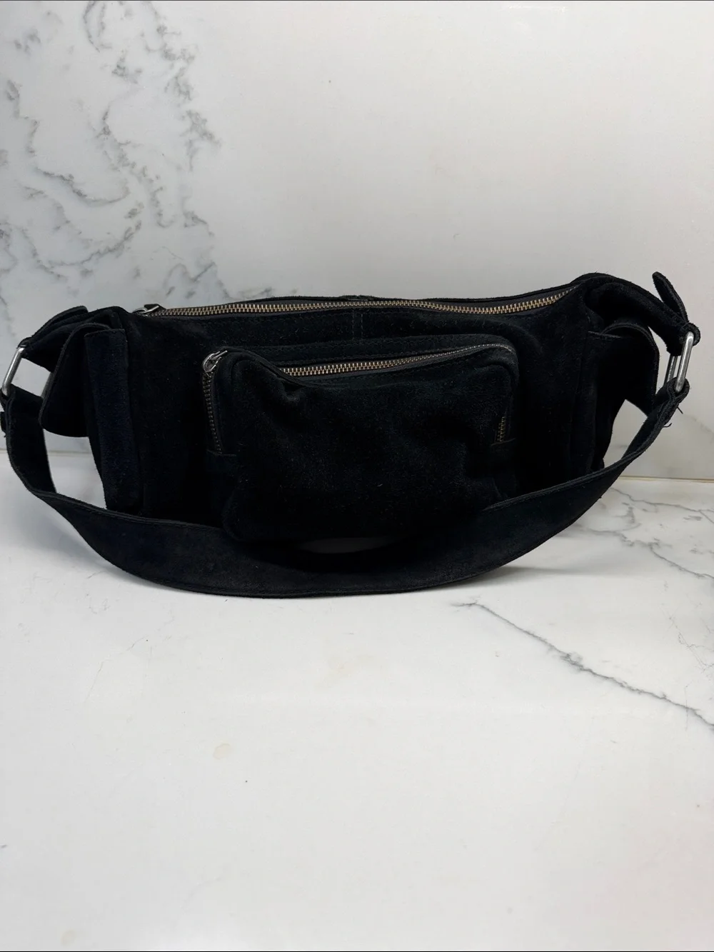 Free People Black Suede Bag with Front Zip Pocket